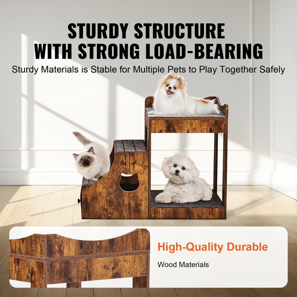 Pet Bunk Bed With Stairs Dog/Cat Window Perch With Storage Indoor Brown