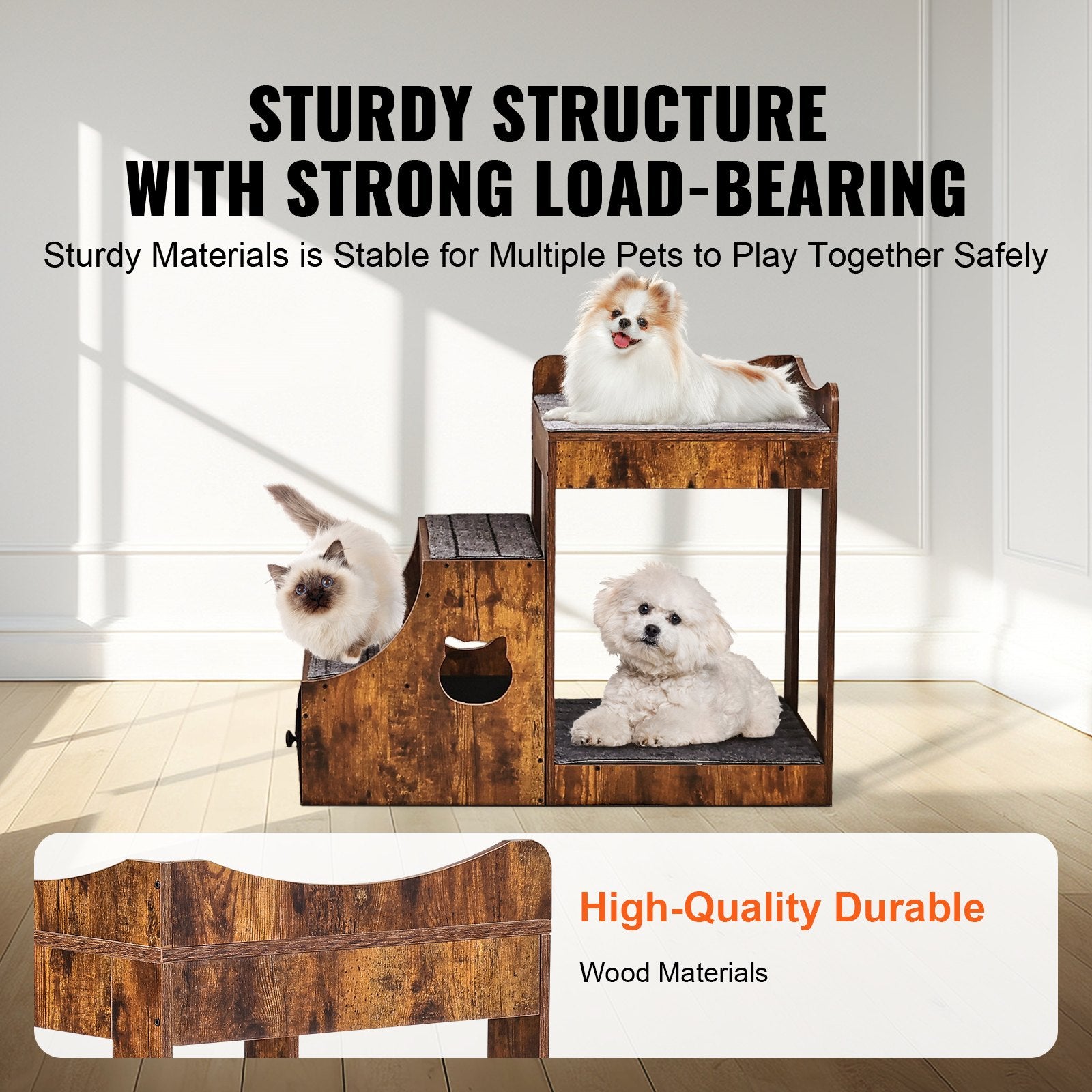 Pet Bunk Bed With Stairs Dog/Cat Window Perch With Storage Indoor Brown