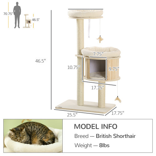 PawHut 3 Level Cat Tree With Sisal Scratching Posts  Cat Badminton Toy For Playing  Soft Cushions  Play Areas