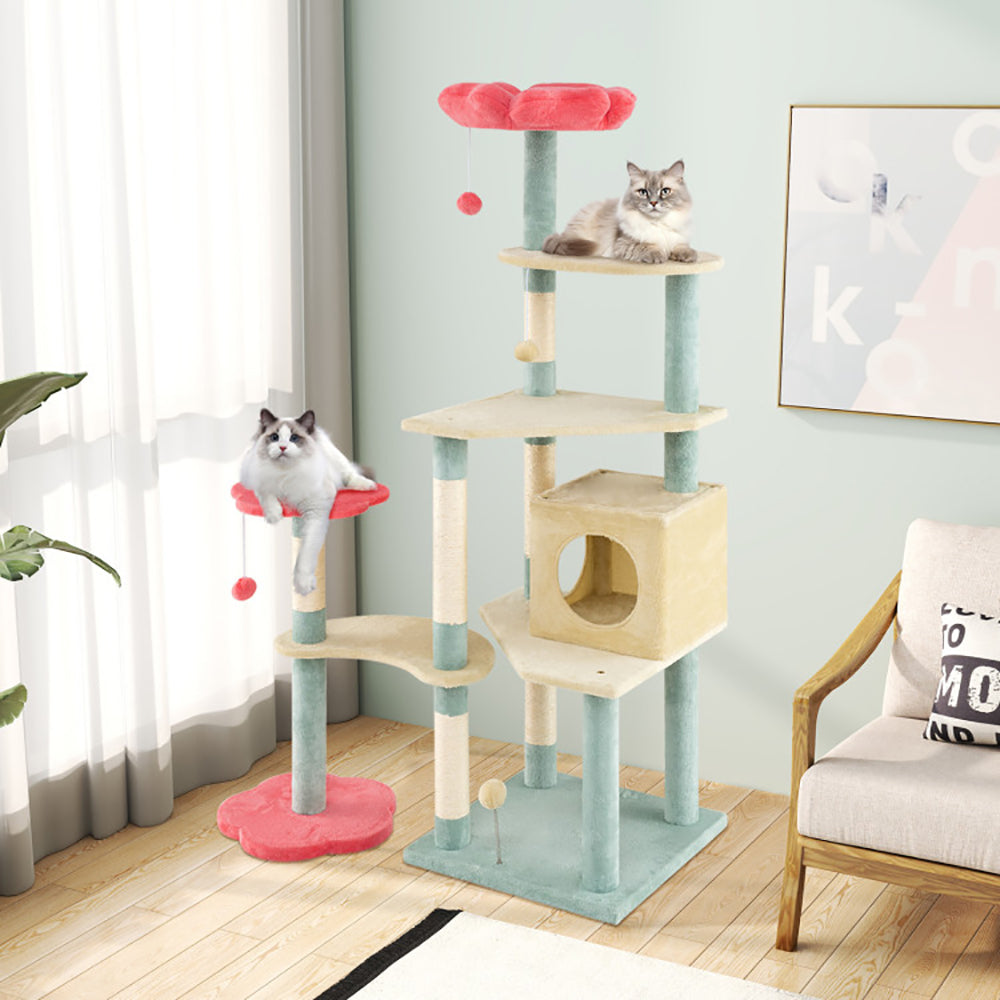 61 Inch Multi-Level Aesthetic Floral Kitten Tower With Flower-Shaped Padded Perch