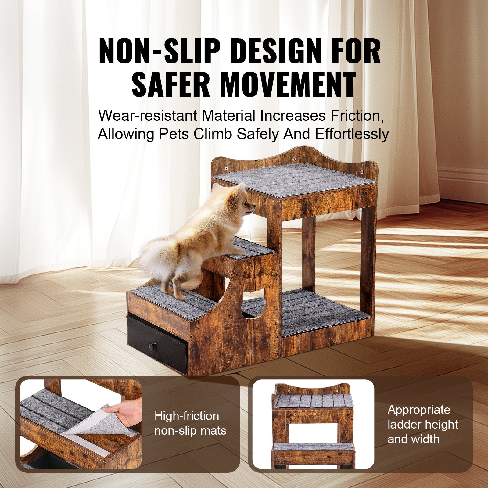 Pet Bunk Bed With Stairs Dog/Cat Window Perch With Storage Indoor Brown