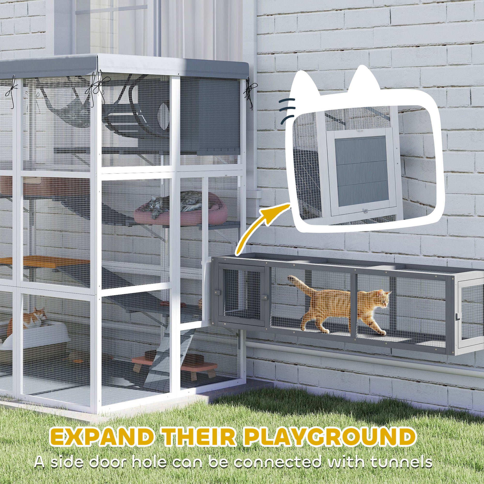 Large Outdoor Catio Cat Enclosure With Hammock, Condo,Platforms, Ladders, Ramps, Tarp, For 2-4 Large Cats, Gray