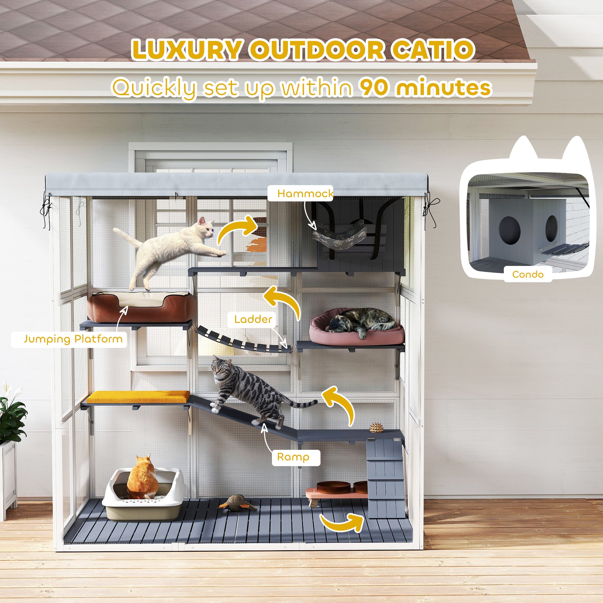 Large Outdoor Catio Cat Enclosure With Hammock, Condo,Platforms, Ladders, Ramps, Tarp, For 2-4 Large Cats, Gray