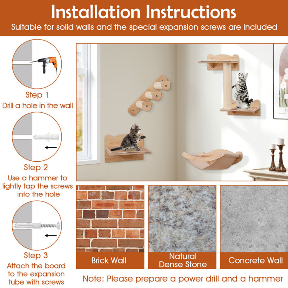 Cat Wall Furniture Set Of 4 With Hammock 2-step Cat Tree And Perch