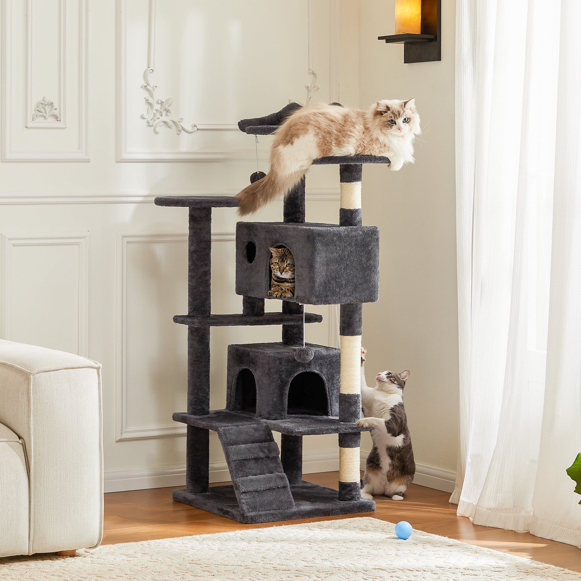 Large Cat Tree Tower, 62-70-80 Cat Tree  Large Cats, Multi Level With Scratching Post, Cozy Cat Jumping Platform Space, Grey