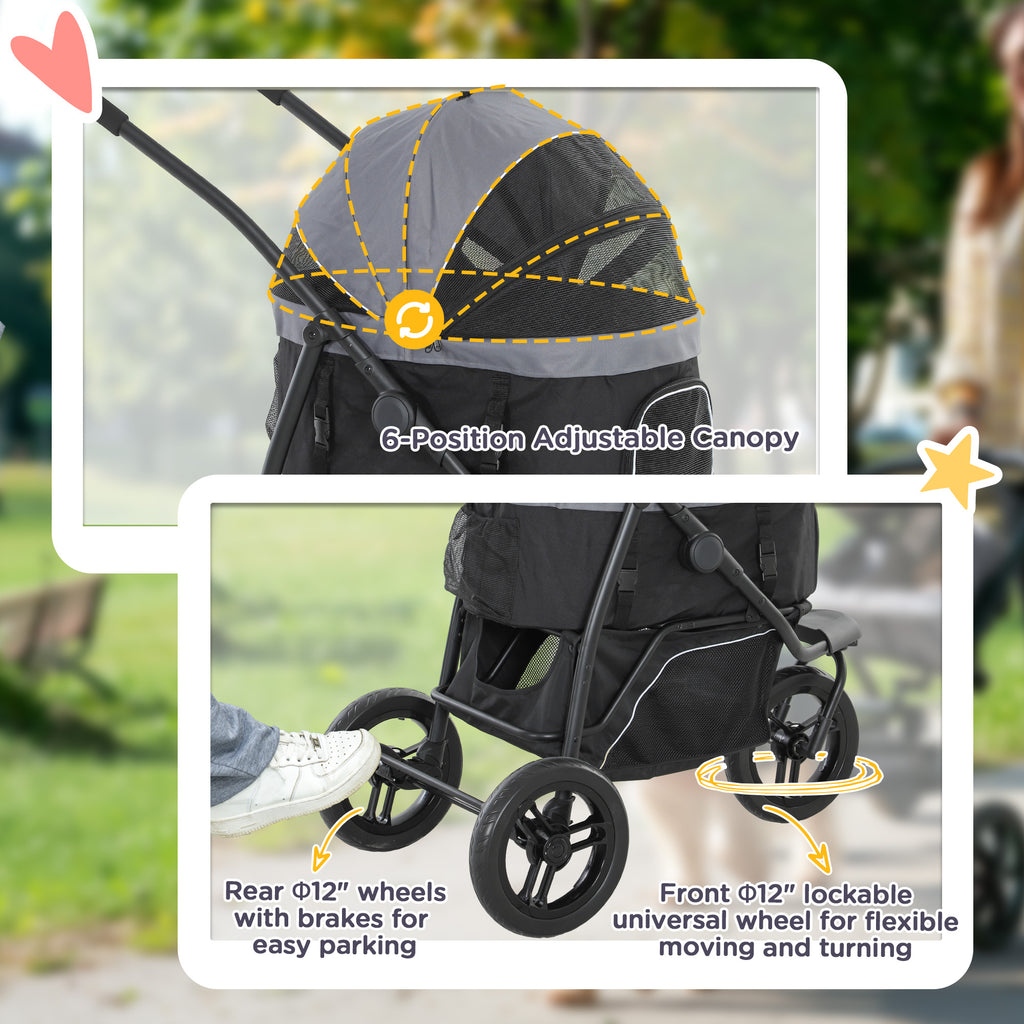 3 In 1 Pet Jogging Stroller For Small Dogs And Cats With Detachable Carrier, Storage Basket, Gray