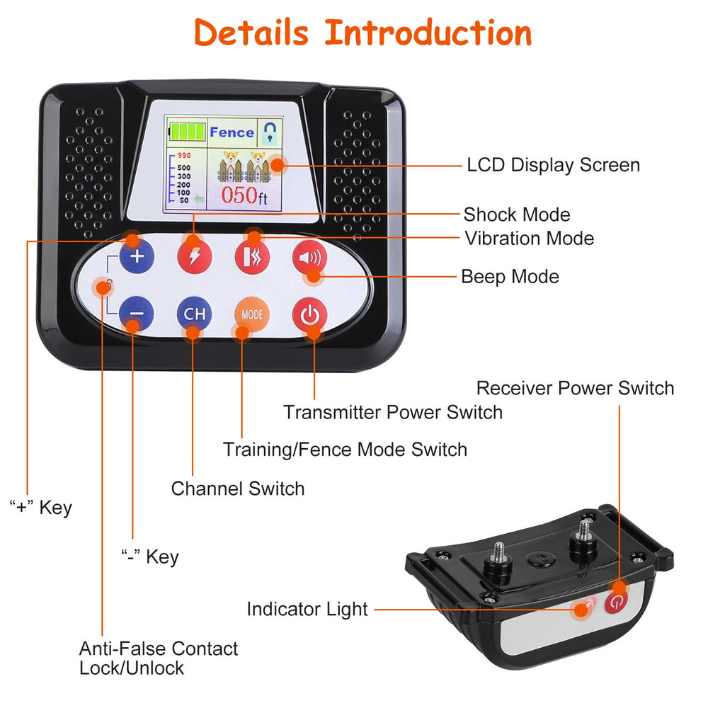 1Set 990FT Range Dog Wireless Fence Remote Training Collar IPX6 Waterproof Receiver With 0-9 Levels Beep Vibration Shock Mode 4 Channels Rechargeable Transmitter System