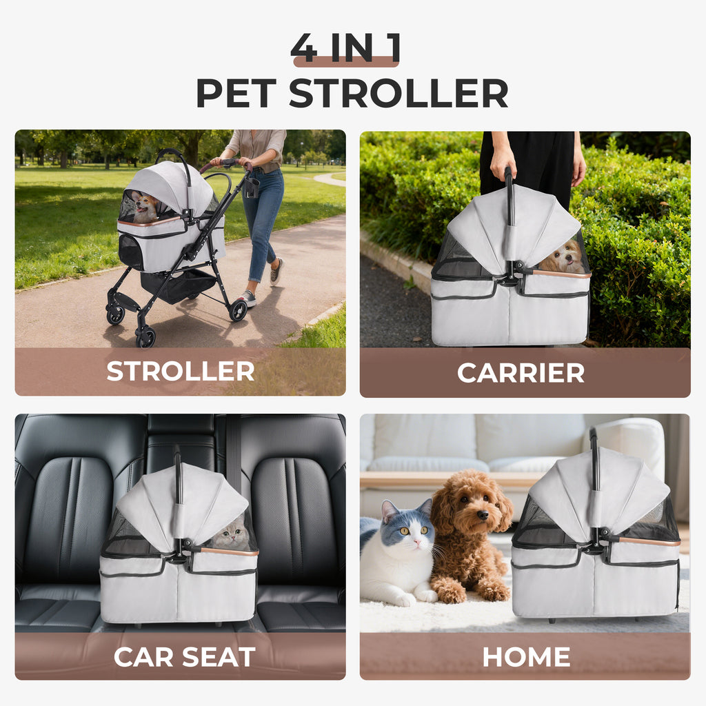 4-Wheel Foldable Pet Stroller For Small Dogs & Cats - 360 Rotating Wheels, Detachable Carrier & Travel Bag Included