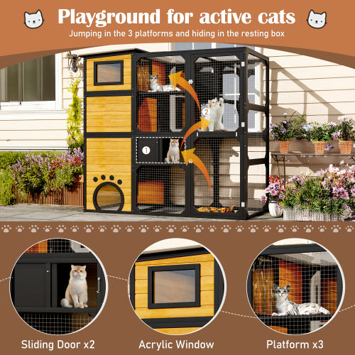 GO Large Cat Catio 4 Tiers Cat Enclosure For Outdoor, Cat House Weatherproof Attached To Window For Multiple Cats With Platforms And Resting Rooms, Brown