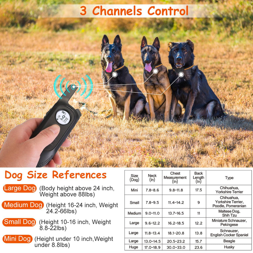 1Pc 984FT Dog Training Collar IP65 Waterproof Pet Beep Vibration Electric Shock Collar 3 Channels Rechargeable Transmitter Receiver Trainer With Recording Safety Keypad Lock