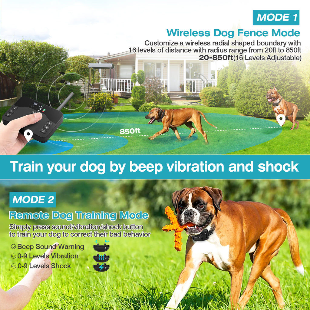 2 In 1 Wireless Electric Dog Fence Waterproof Pet Shock Boundary Containment System Electric Training Collar With 2 Receiver Collars For Small Medium Large Dogs